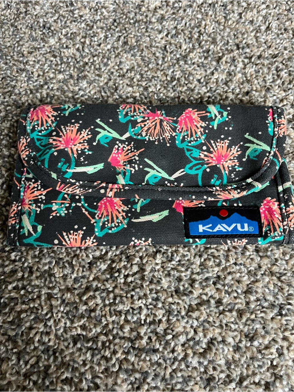 Kavu Black Trifold Wallet with Coral & Teal Floral Print